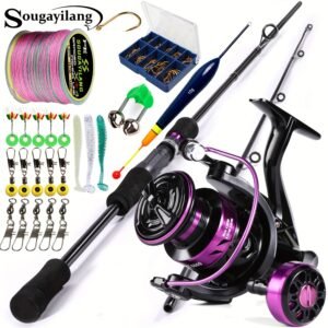 Sougayilang 1 Set Fishing Rod And Reel Combo, 1.8mu002F5.9ft Carbon Fishing Rod And Spinning Fishing Reel, Line, Lure, 5.2:1 Gear Ratio Metal Spool, Max Drag 10kg